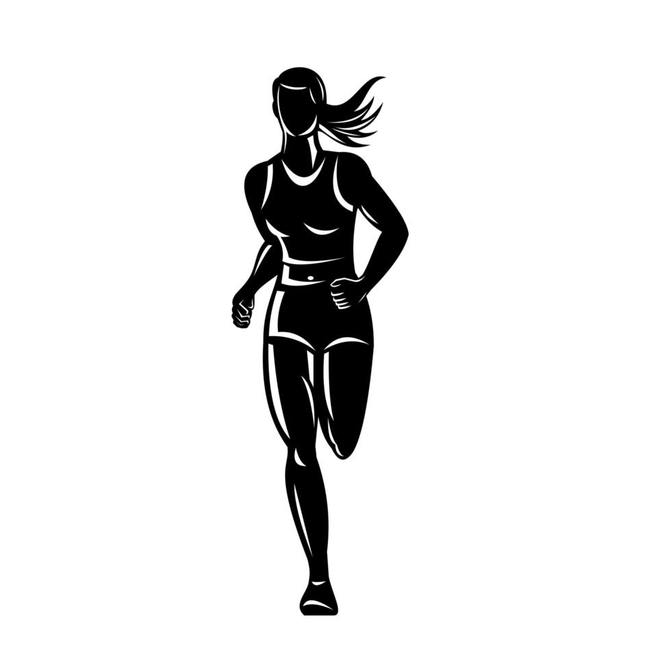 Corredor de maratón femenino corriendo vista frontal en blanco y negro vector