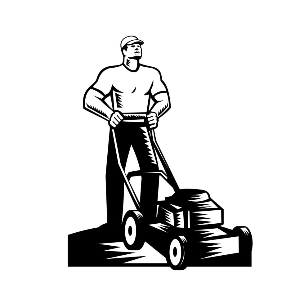 Gardener or Groundskeeper With Lawn Mower Mowing Woodcut Retro vector