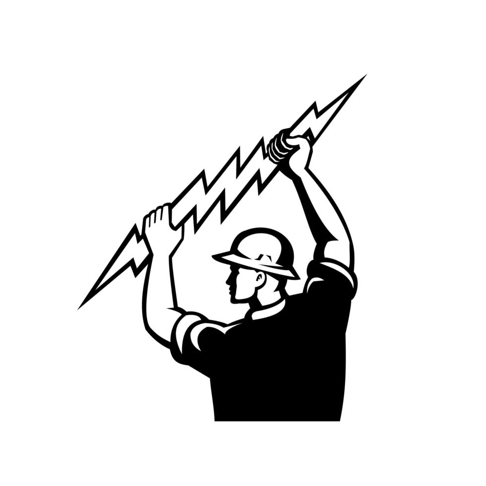 Electrician Wielding Lightning Bolt Side View Retro Black and White vector