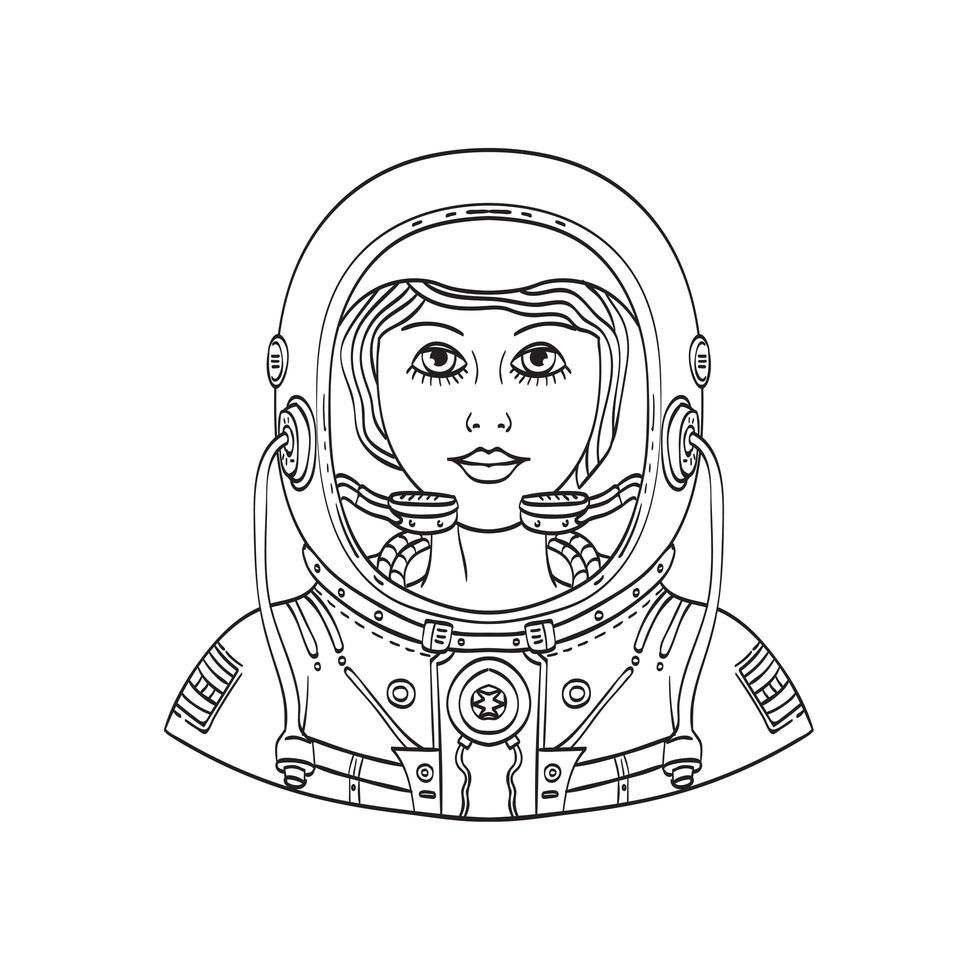 astronauta femenina con un casco espacial y un traje espacial estilo tatuaje frontal en blanco y negro vector