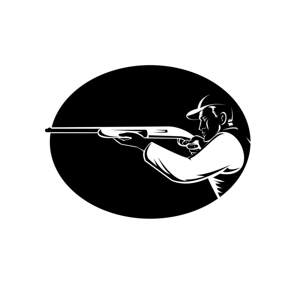 Duck Hunter Aiming Shotgun Shooting Side View Oval Retro Woodcut Black and White vector