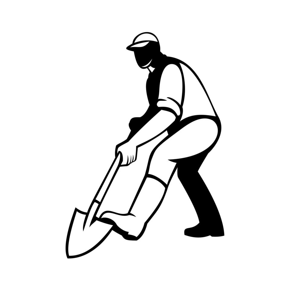 Gardener or Landscaper Shovelling Digging with Spade Shovel Retro Black and White vector