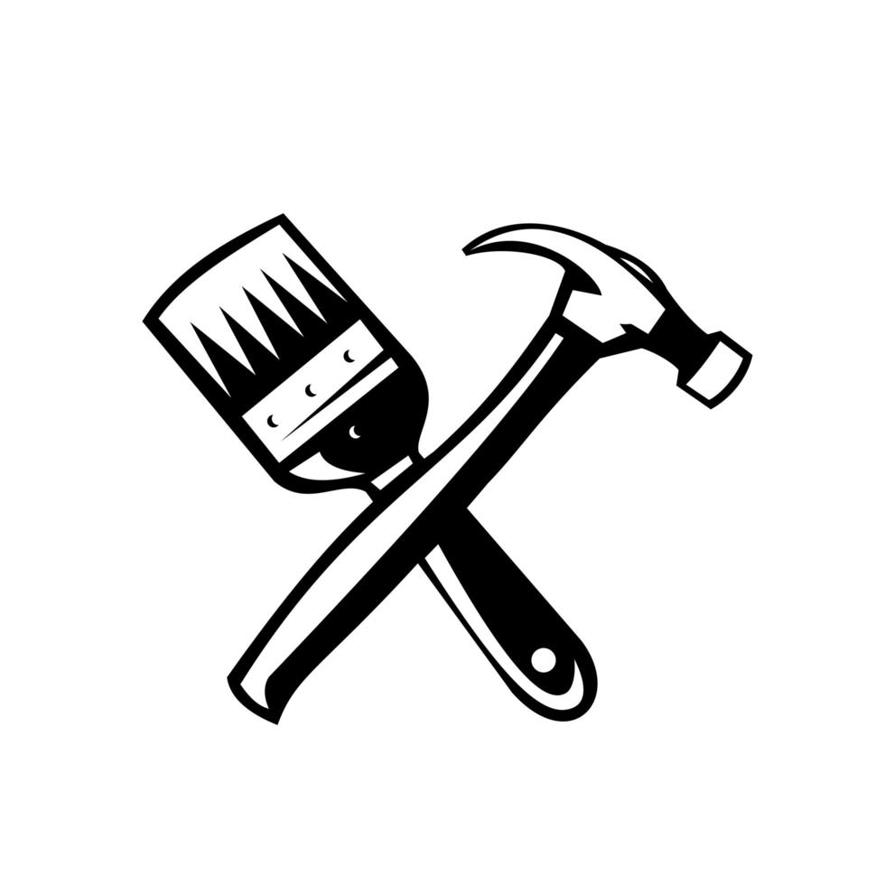 Crossed Paint Brush and Hammer Retro Black and White vector