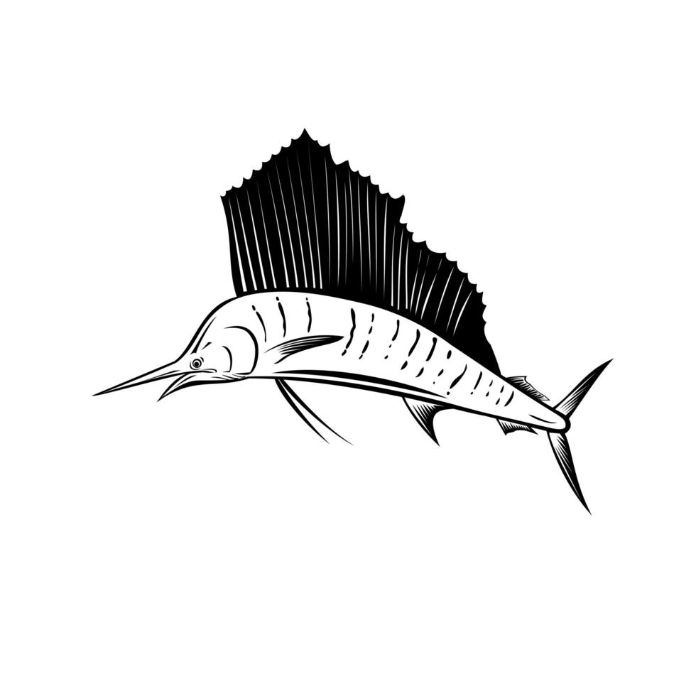 Indo-Pacific Sailfish or Billfish Jumping Up Side Retro Woodcut Black and White vector