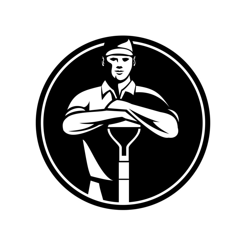 Gardener Landscaper Leaning on Shovel Front View Retro Circle Black and White vector