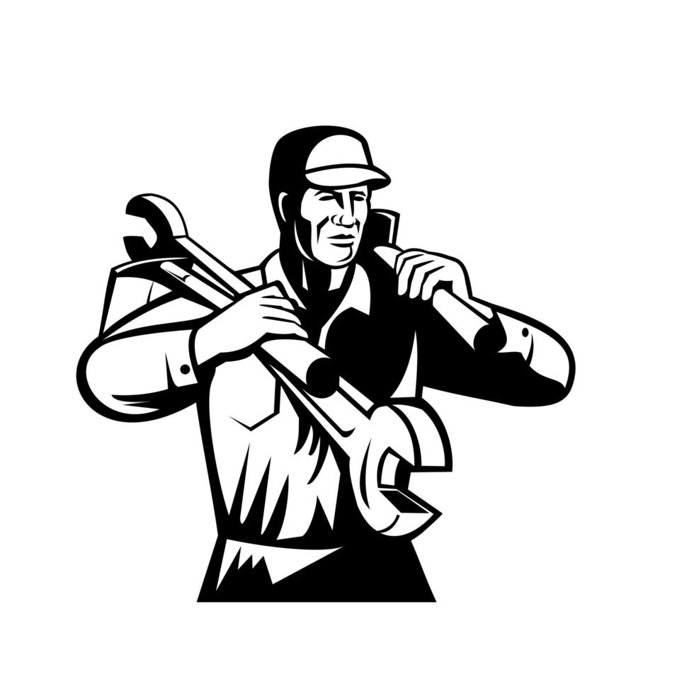 Handyman Repairman Builder Carrying Spanner and Spade Retro Black and White vector