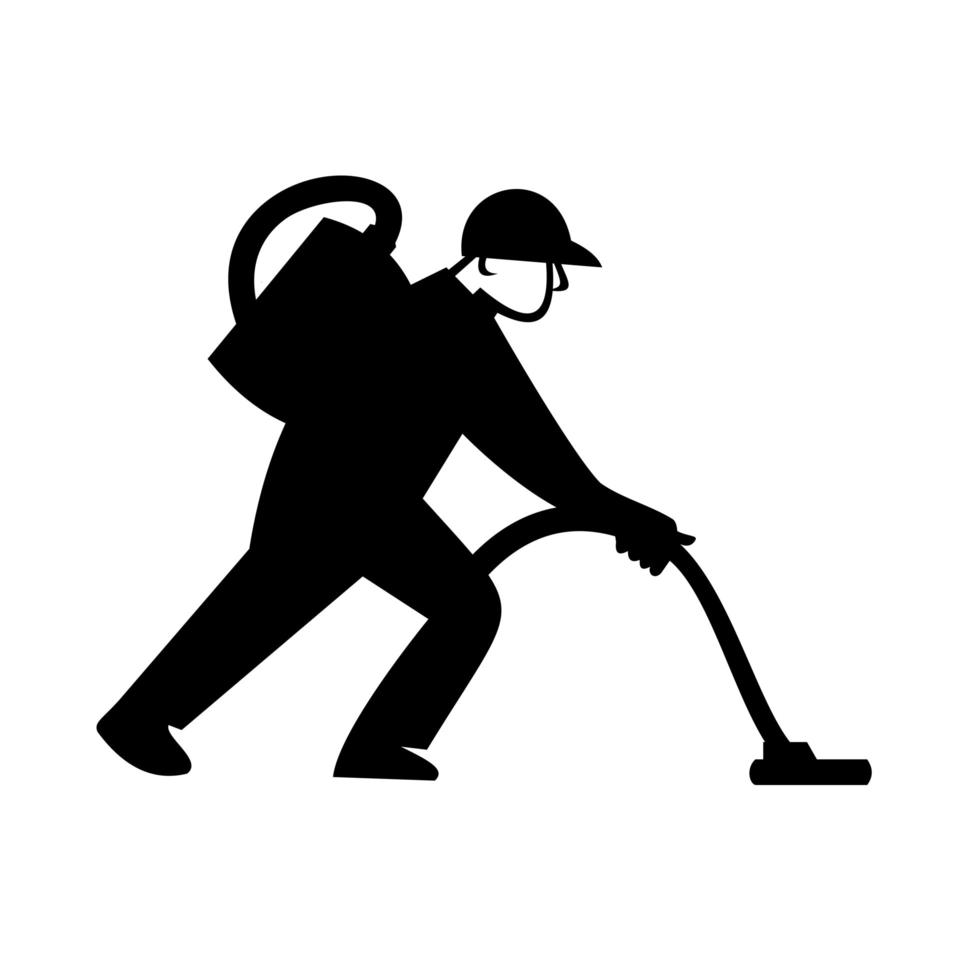 Industrial Cleaner Janitor Vacuuming Floor Side View Retro Black and White vector