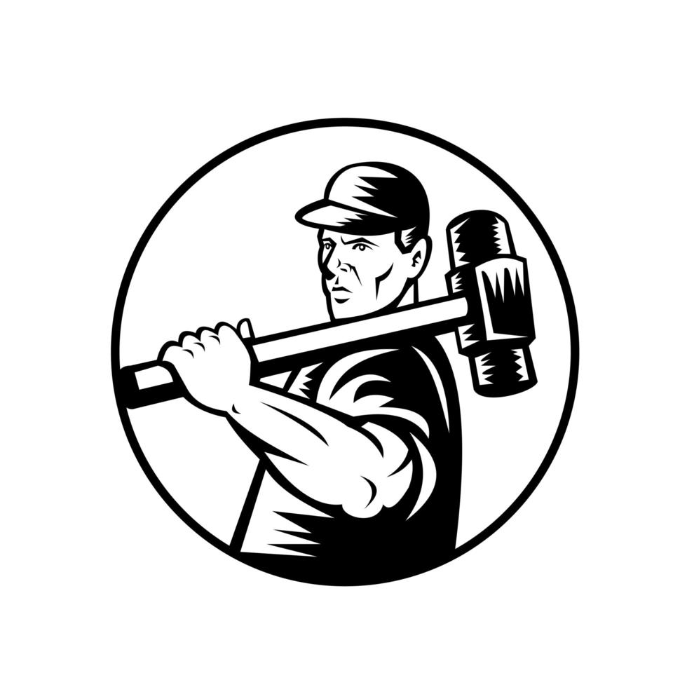 Trabajador de demolición retro con martillo en blanco y negro vector