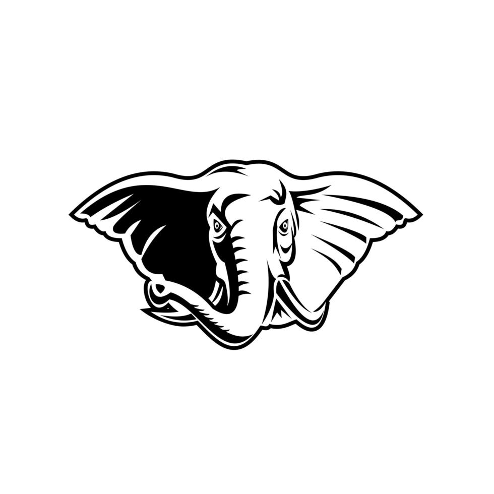 Elephant With Long Tusks Head Front Mascot Retro Black and White vector