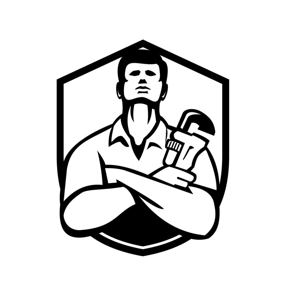 Handyman Plumber With Wrench Shield Retro Black and White vector