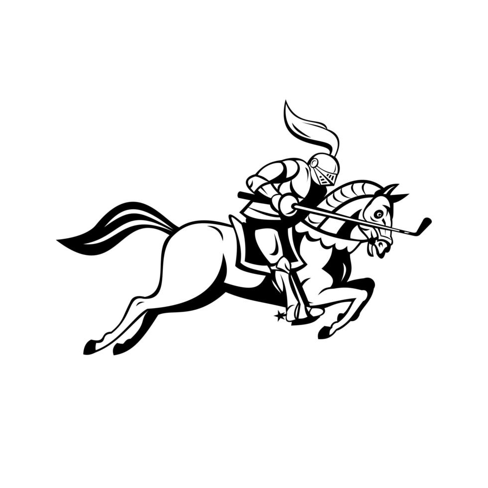 Knight Riding Horse With Golf Club as Lance Side Cartoon Retro Black and White vector