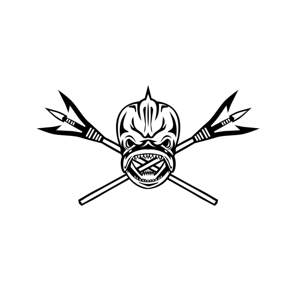 Skull of Mahi-Mahi Dorado Dolphinfish With Crossed Spearfishing Spear Retro Black and White vector