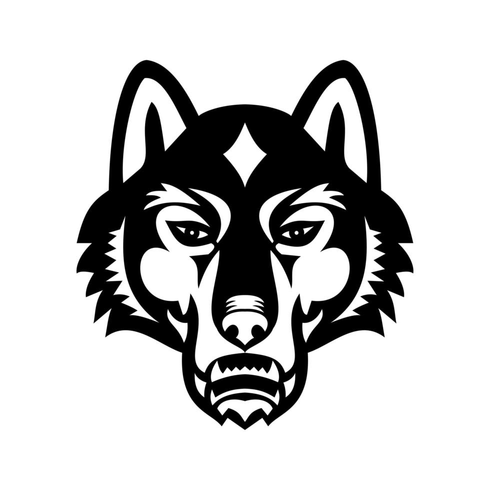 Cabeza de lobo gris o lobo de madera vista frontal mascota deportiva en blanco y negro vector