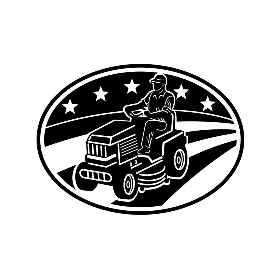 American Gardener Mowing Lawn Ride-on Mower Retro Black and White vector