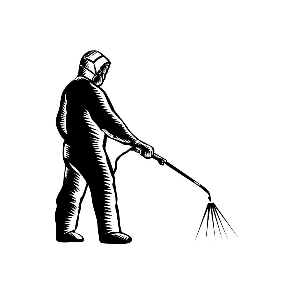 Essential Worker Wearing PPE Spraying Disinfectant Woodcut vector