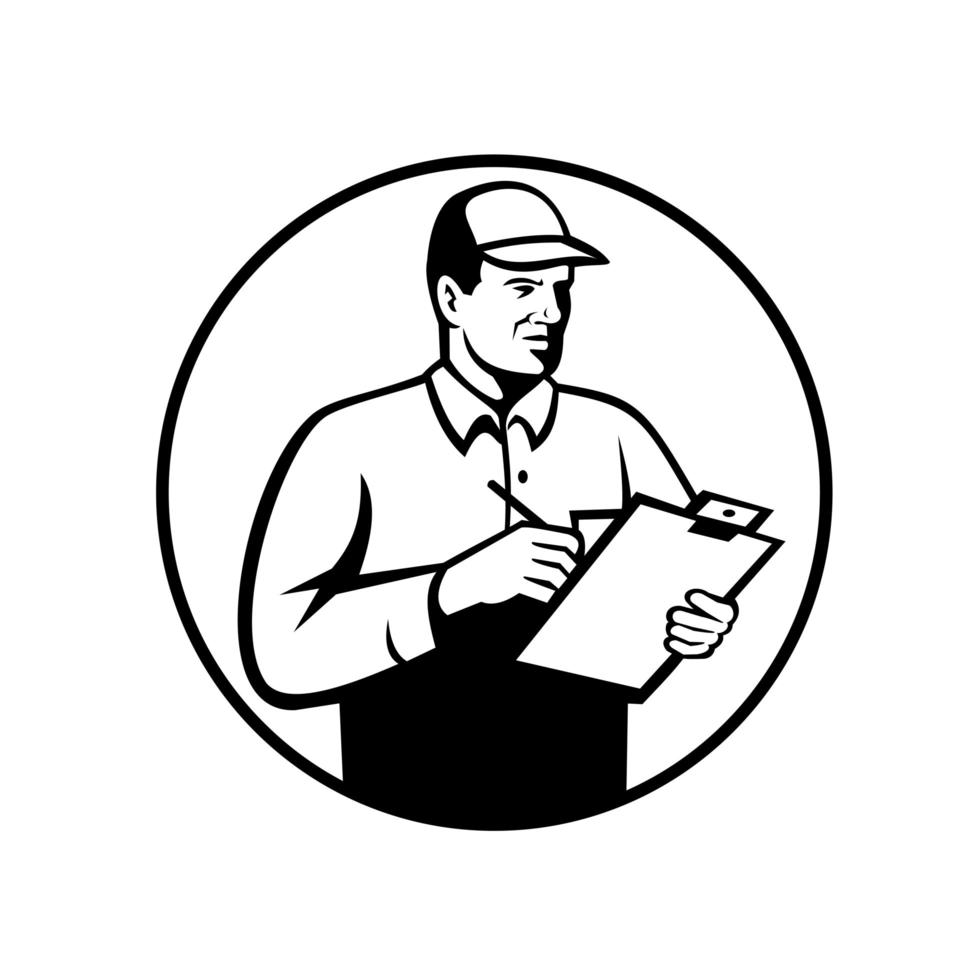 Inspector o técnico con lista de verificación del portapapeles inspeccionando retro en blanco y negro vector