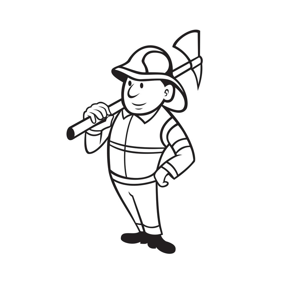 bombero o bombero sosteniendo un hacha de fuego dibujos animados en blanco y negro vector