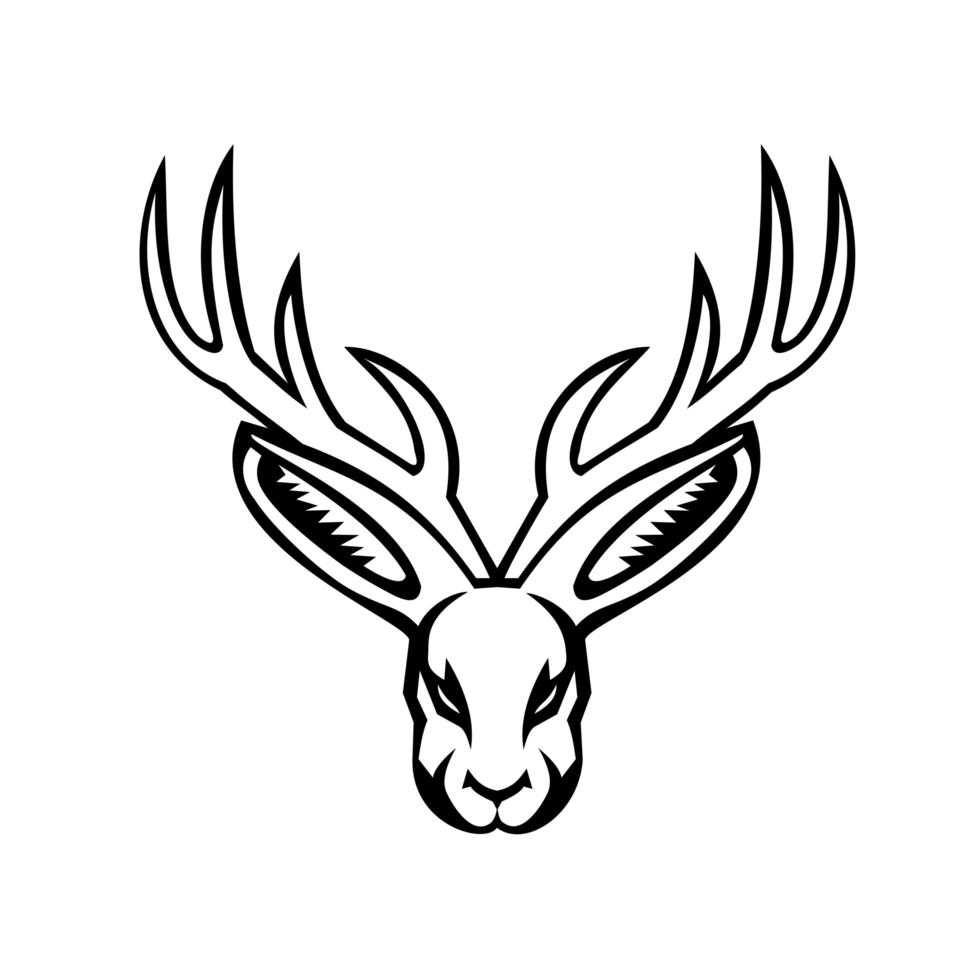 Cabeza de una mascota de vista frontal jackalope en blanco y negro vector