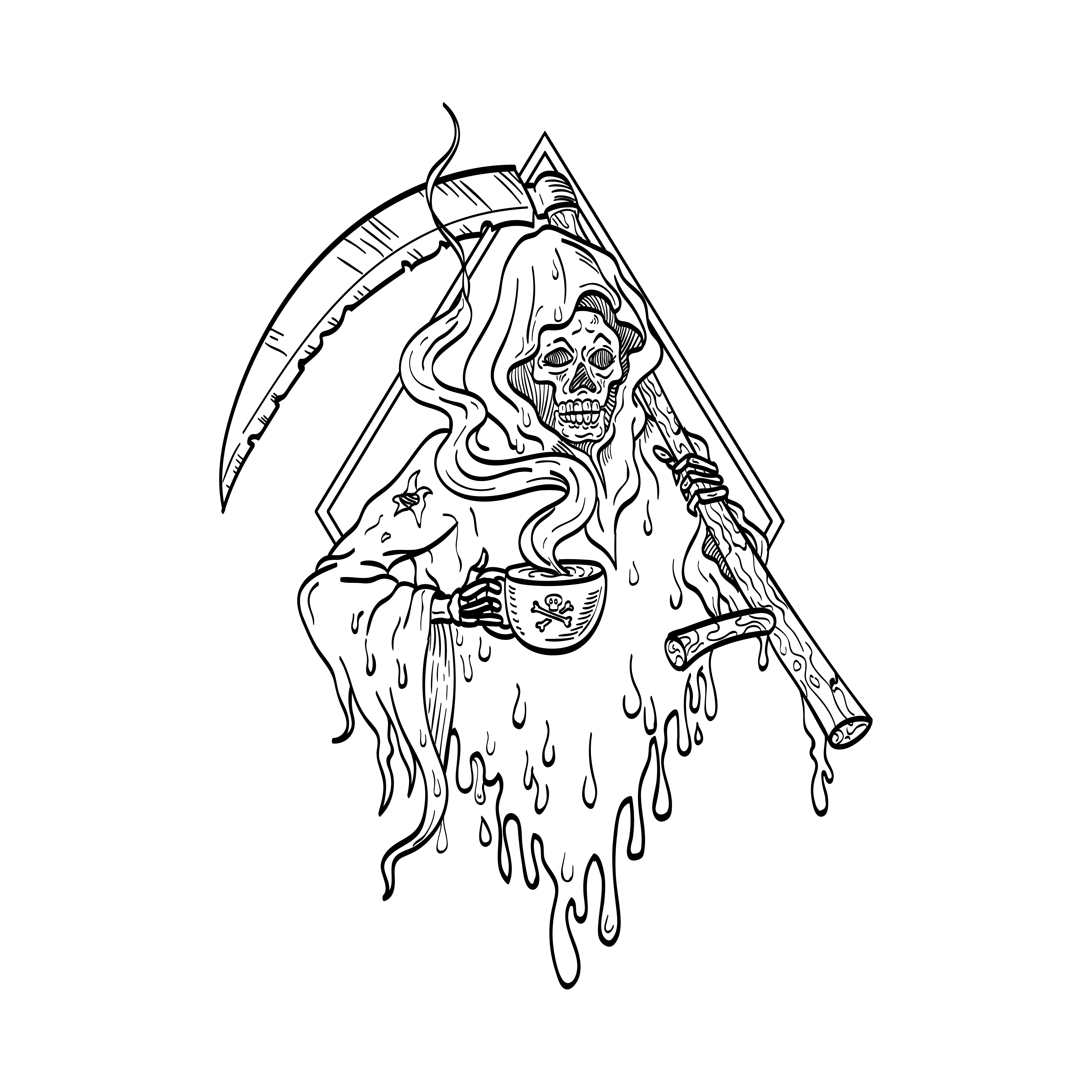 Sketch Cartoon Dreadful Grim Reaper In Old Hooded Cloak With Scythe  Pointing At Viewer Death Or Skeleton Monster Character For Tshirt Print  Or Tattoo Design Usage Royalty Free SVG Cliparts Vectors And
