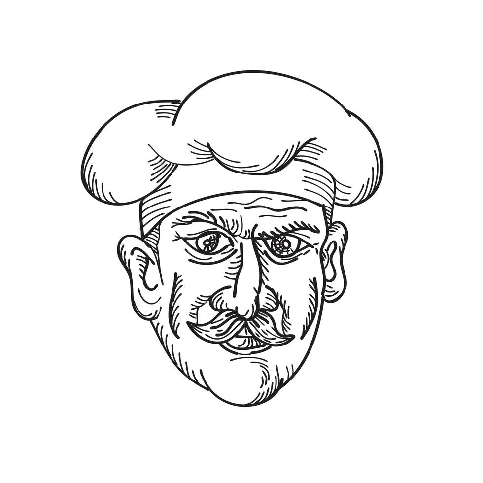 Head of Italian Chef Cook Baker or Food Worker Wearing Moustache Front View Drawing Retro Black and White vector