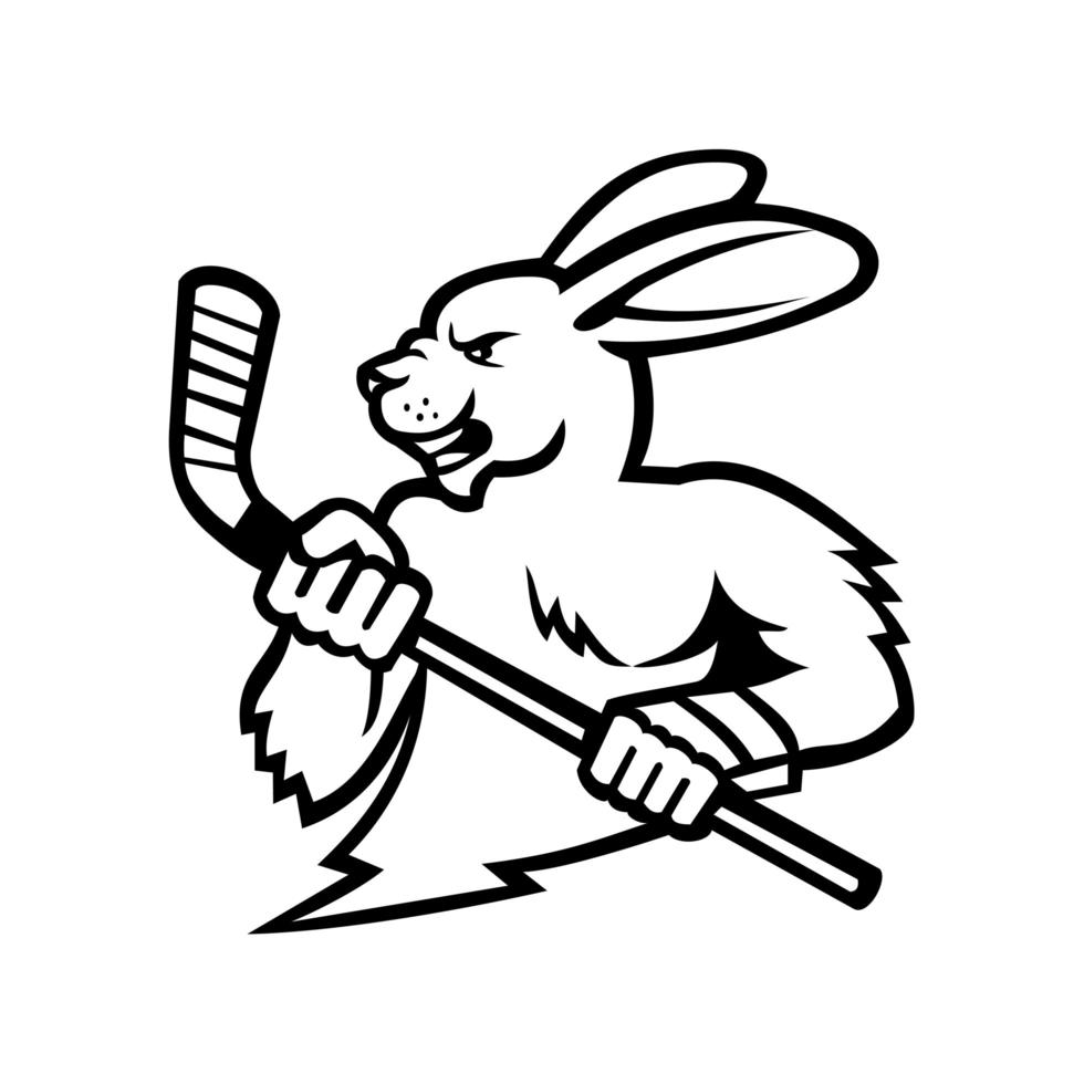 Jackrabbit With Ice Hockey Stick Mascot Black and White vector