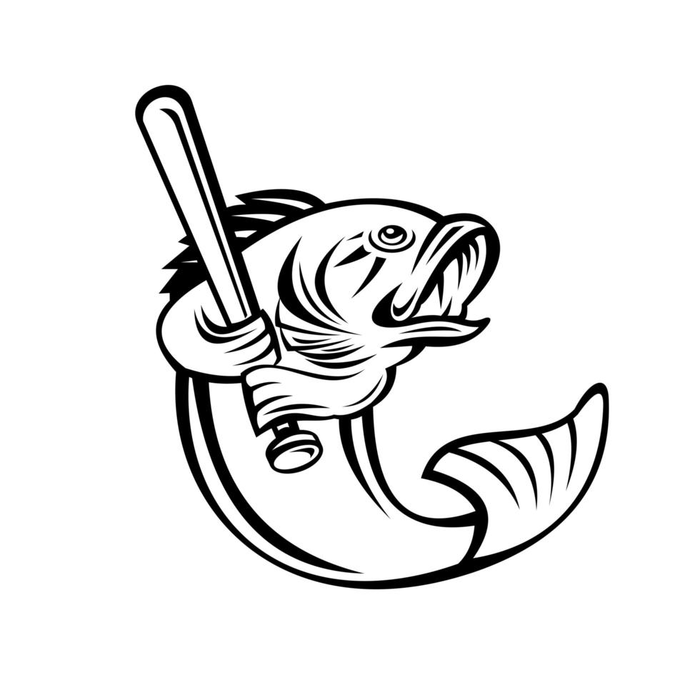 Largemouth Bass Baseball Player Batting Black and White Retro vector