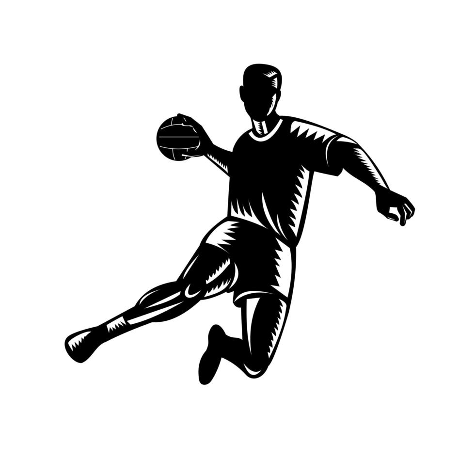 Team Handball Player Jumping Scoring Woodcut Black and White vector
