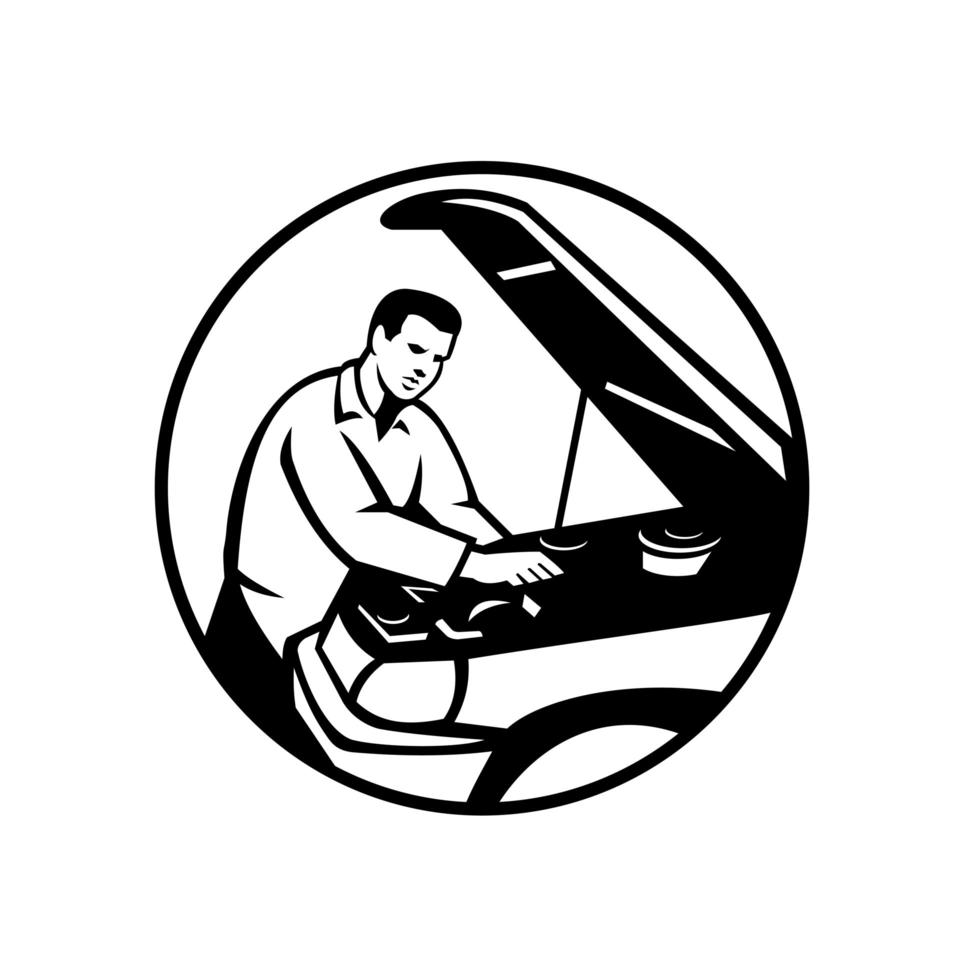 mecánico de automóviles, reparación de automóviles, círculo, retro, blanco y negro vector