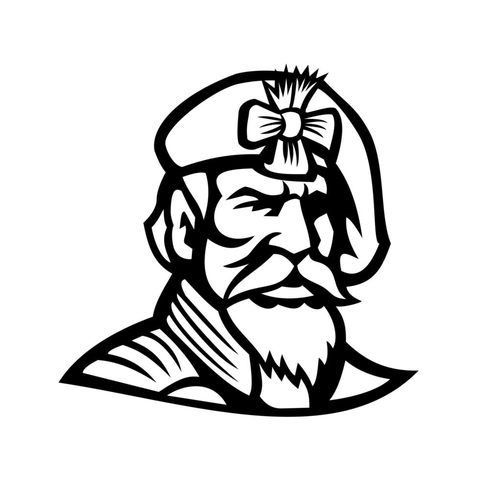 Head of Jacobite Highlander Wearing Beret Mascot Black and White vector