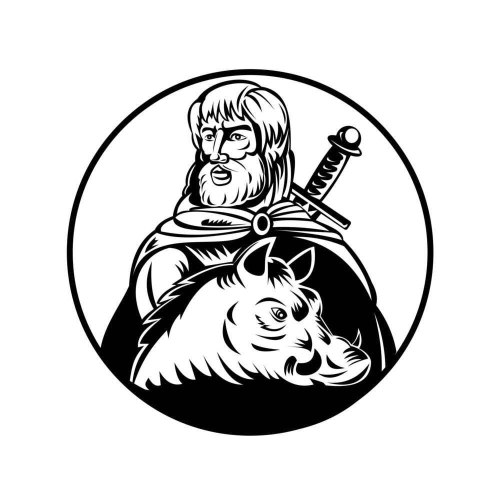 Freyr o dios frey en la mitología nórdica con espada y jabalí retro xilografía en blanco y negro vector