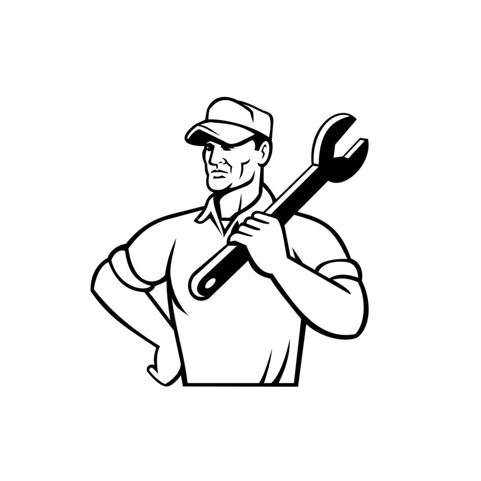 Automotive Mechanic or Aircraft Mechanic Holding Spanner on Shoulder Front View Retro Black and White vector