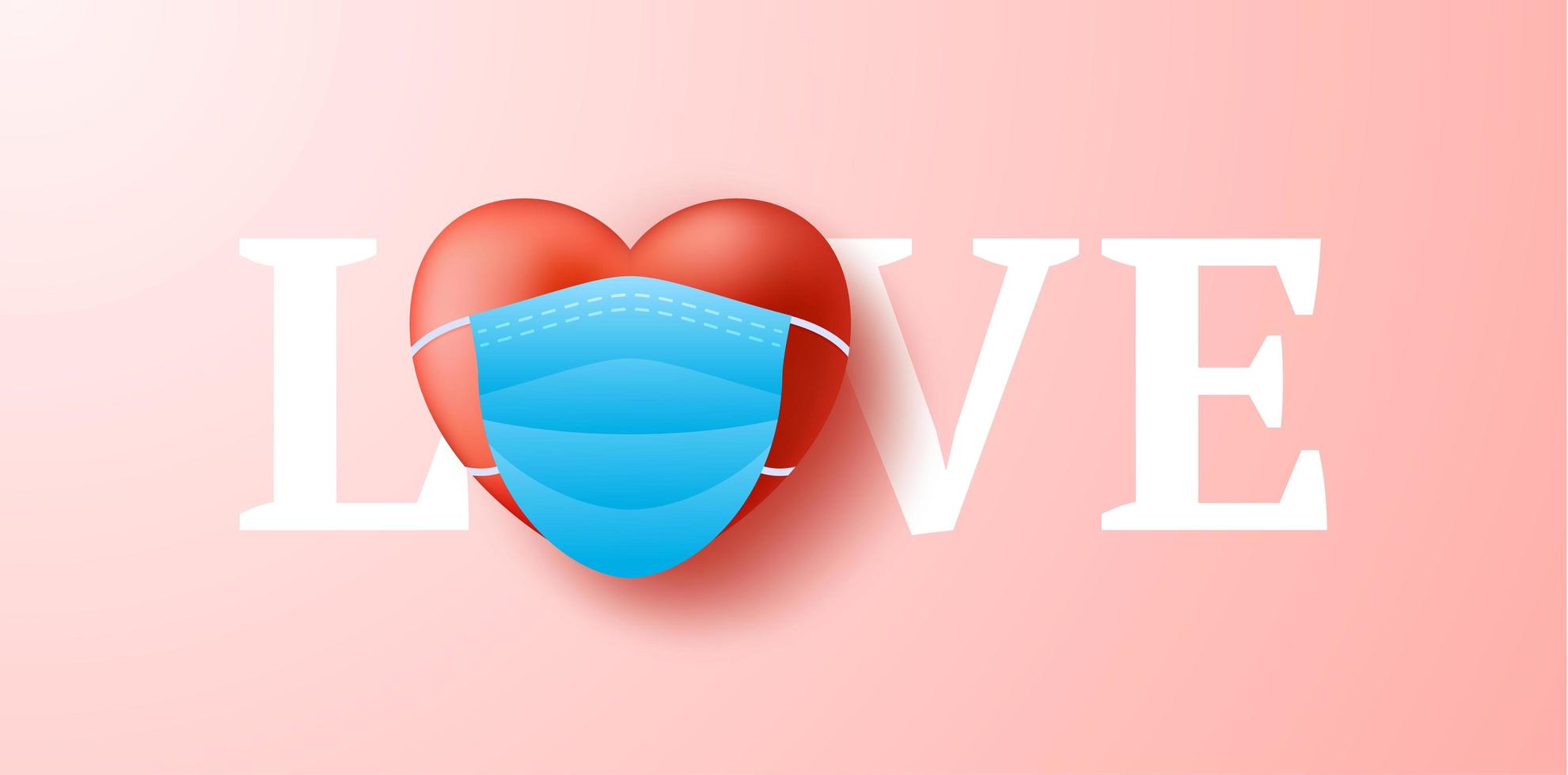 Love word with Cute realistic red heart in blue medical mask. Protection of coronavirus and covid Valentine Day. Vector illustration love banner