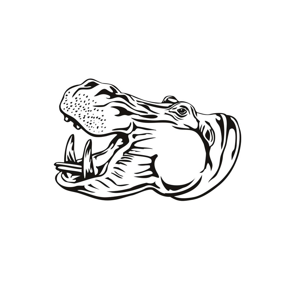 Cabeza de hipopótamo hipopótamo común o hipopótamo de río vista lateral retro xilografía en blanco y negro vector