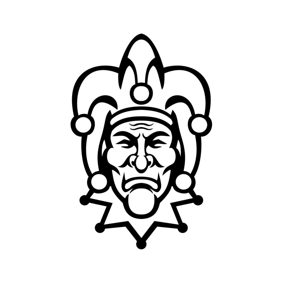 Cabeza de bufón de la corte medieval mascota vista frontal en blanco y negro vector