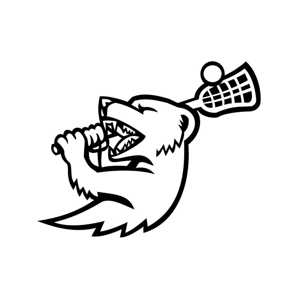 Mongoose With Lacrosse Stock Mascot Black and White vector