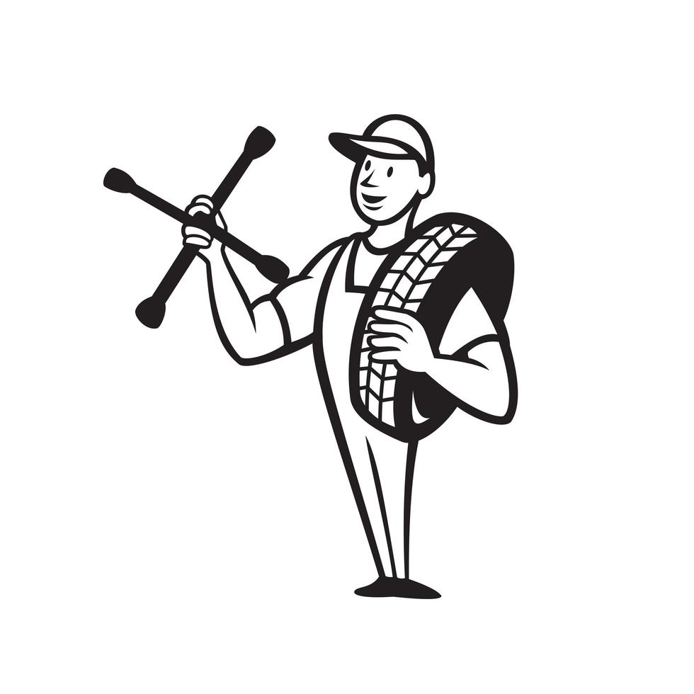 tire mechanic with spanner cartoon Black and White vector