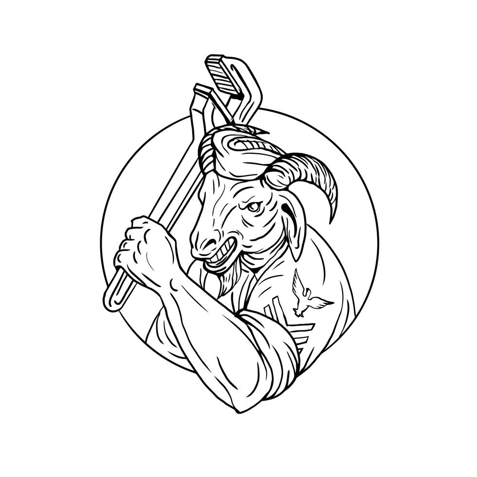 Navy Goat Holding Pipe Wrench Circle Black and White vector