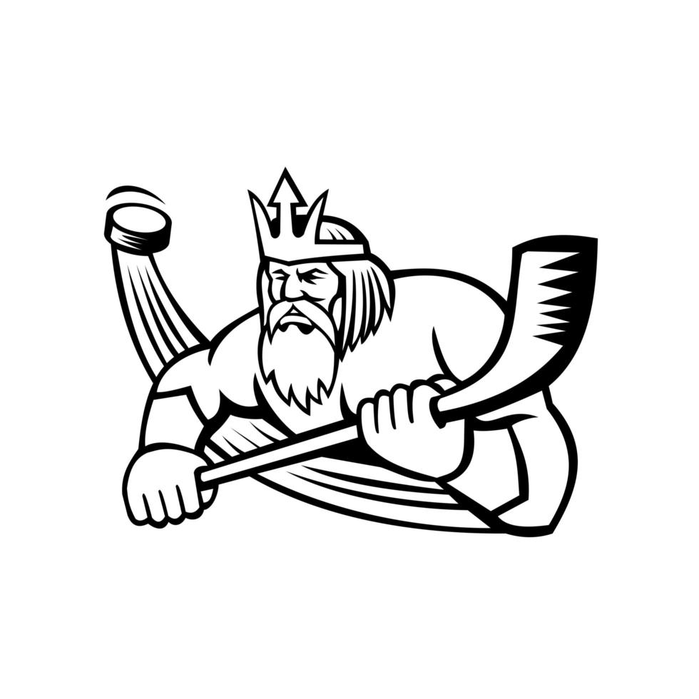 Poseidon Playing Ice Hockey Sports Mascot Black and White vector