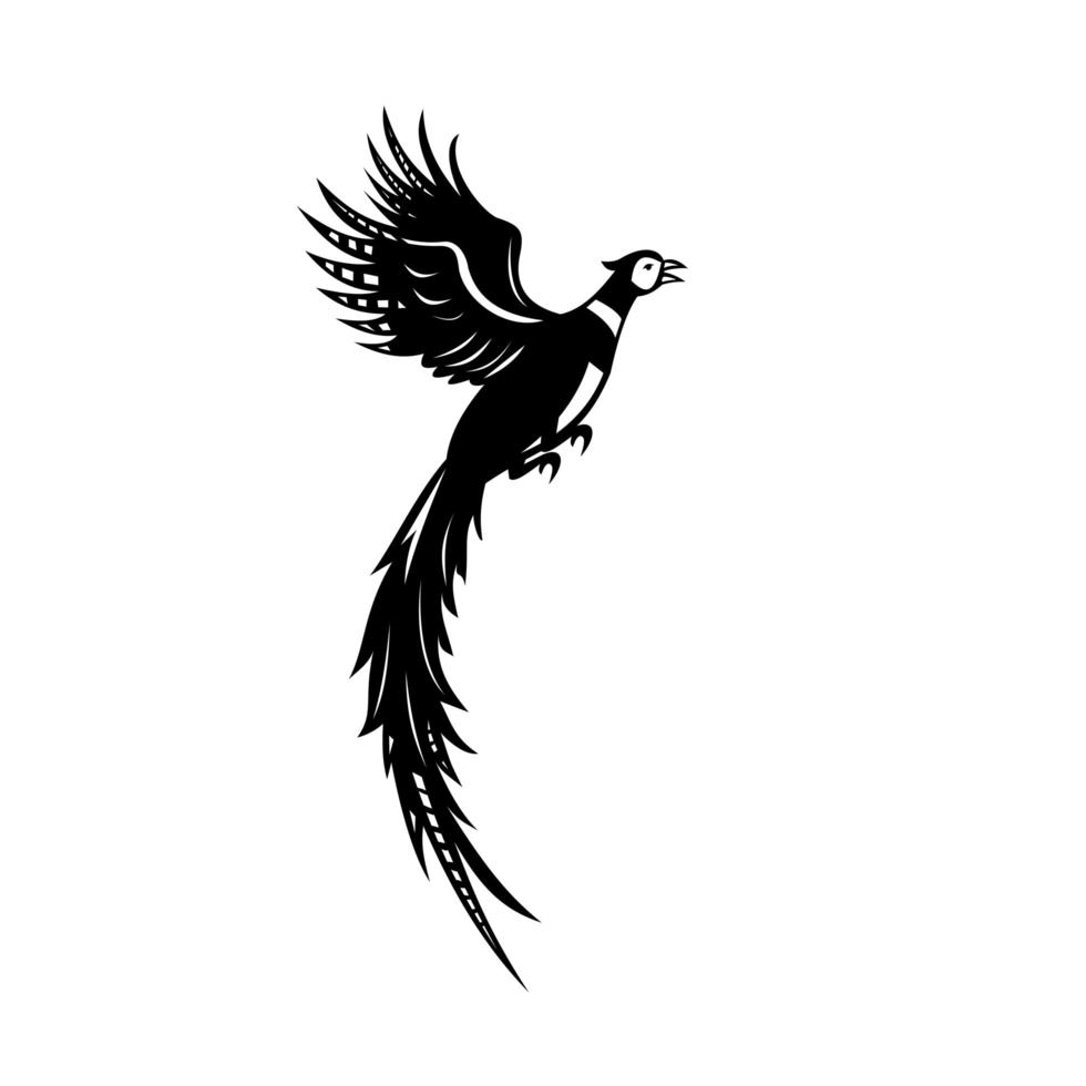 Silueta de faisán común o de cuello anillado volando en blanco y negro retro vector