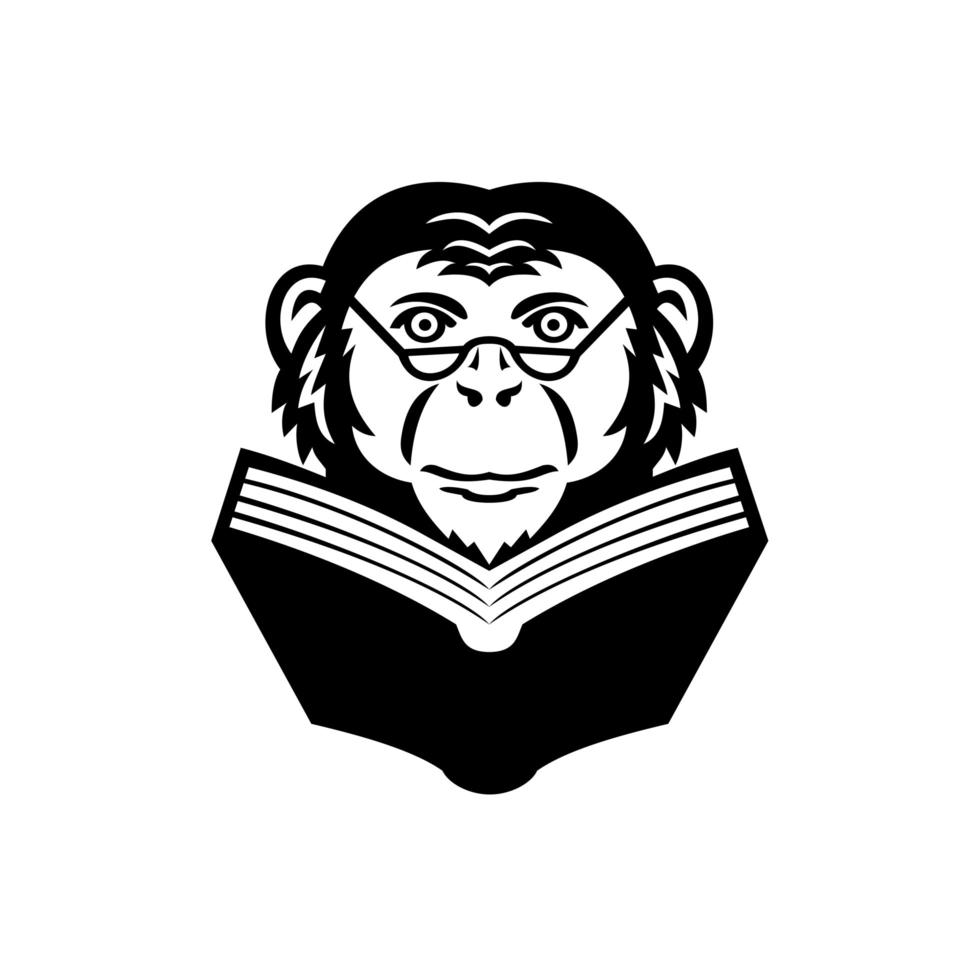 Chimpanzee Chimp Monkey Primate or Ape Wearing Glasses Reading Book Mascot Black and White vector