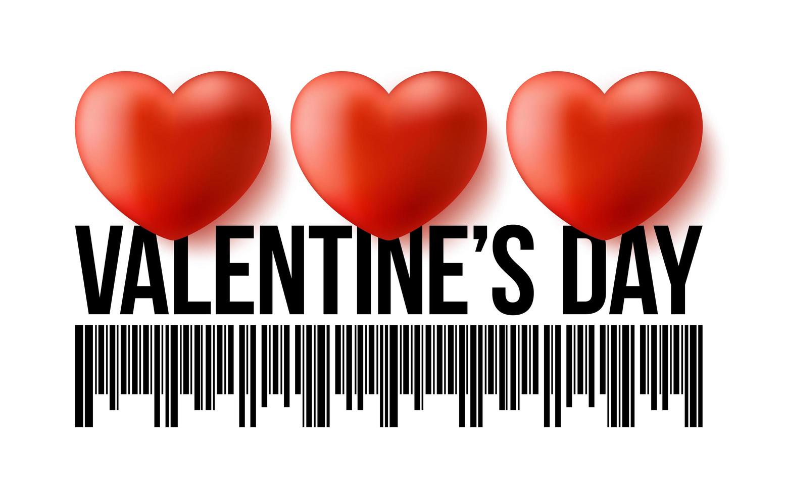 Código de barras del día de San Valentín con tres corazones 3d realistas. concepto de venta de ilustración de vector de día de San Valentín de amor