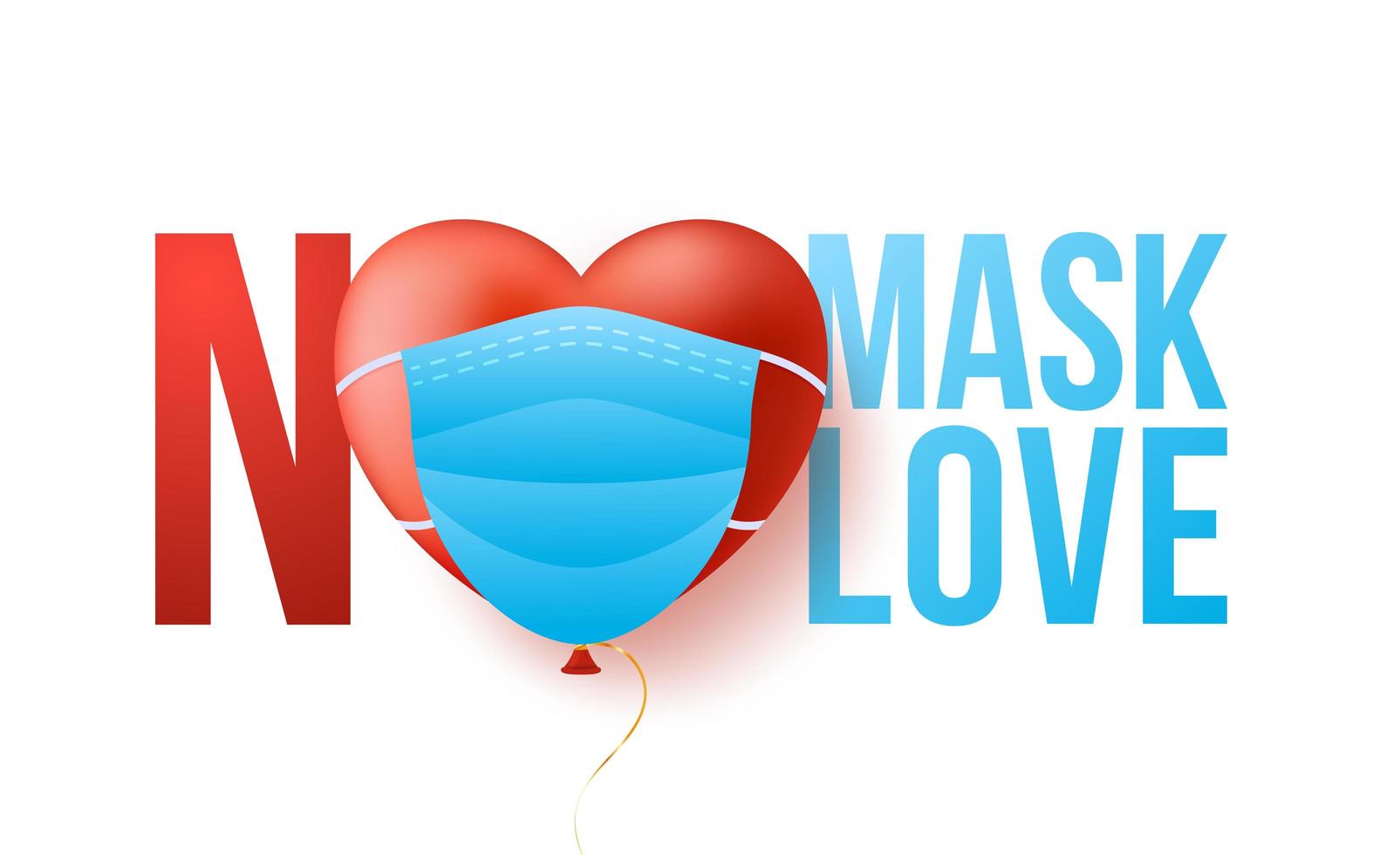 Valentine day coronavirus concept. Red 3d heart in medical mask with text no mask no love. Minimal creative love concept. Vector illustration