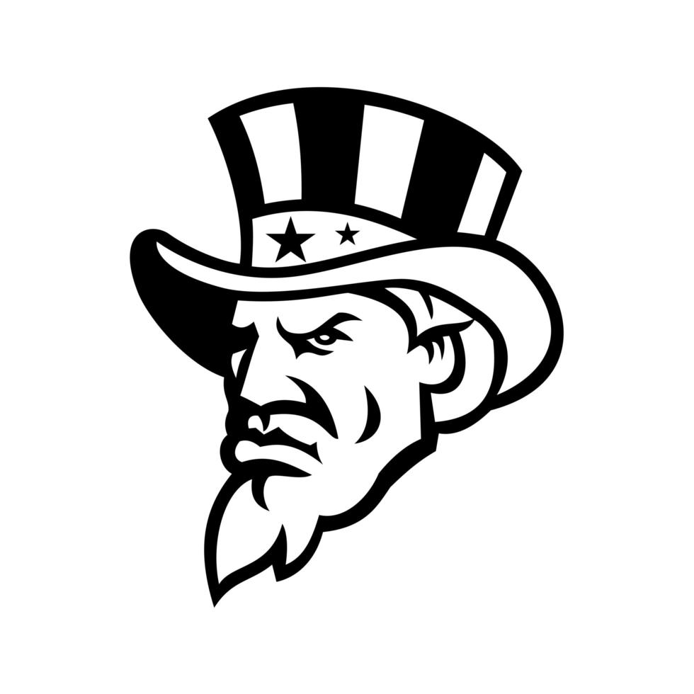 Head of American Uncle Sam Wearing USA Top Hat Mascot Black and White vector