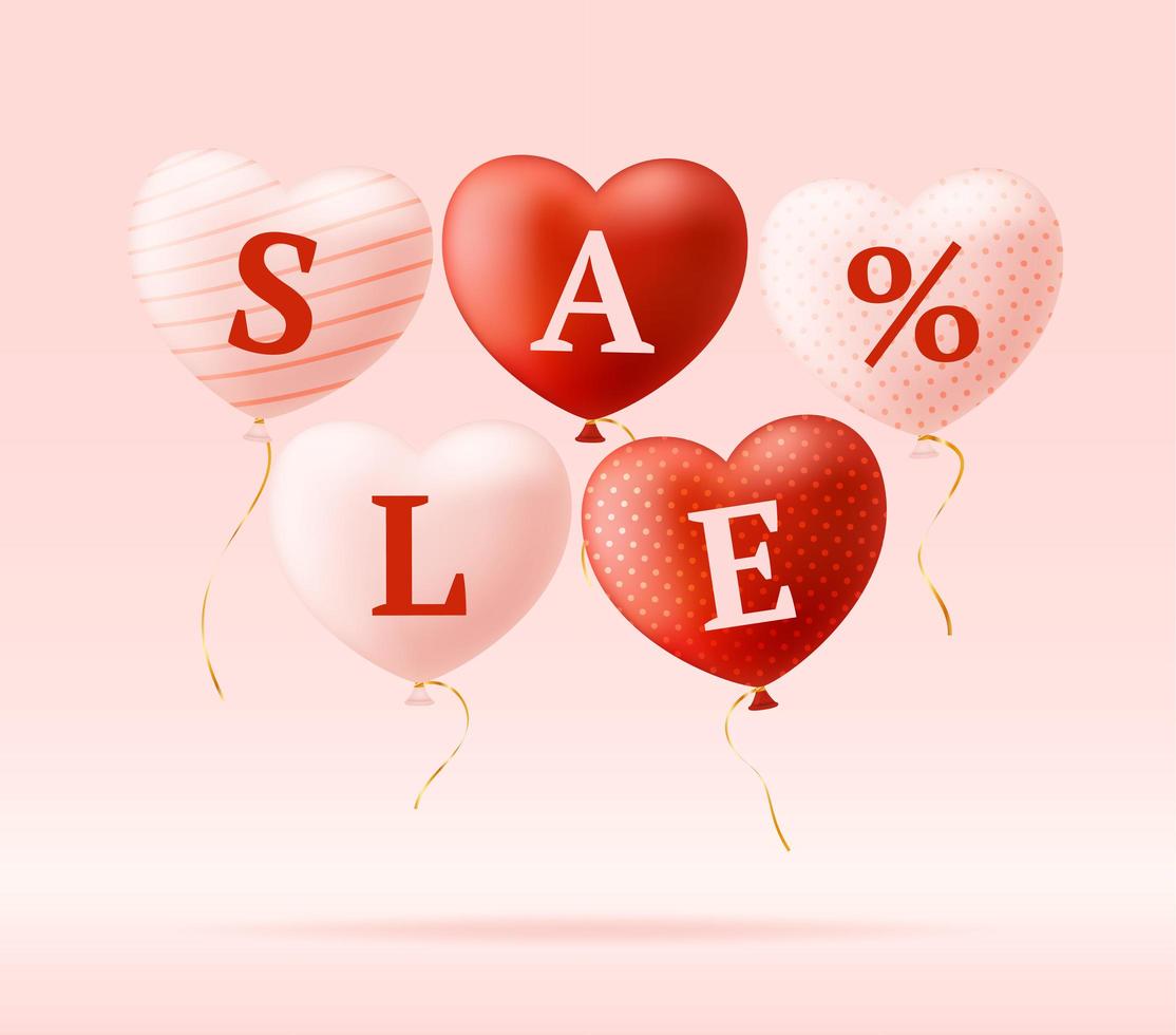 Love word and sale on realistic hearts. Valentine's day card with pink and red hearts and lettering love. Vector illustration sale or discount concept
