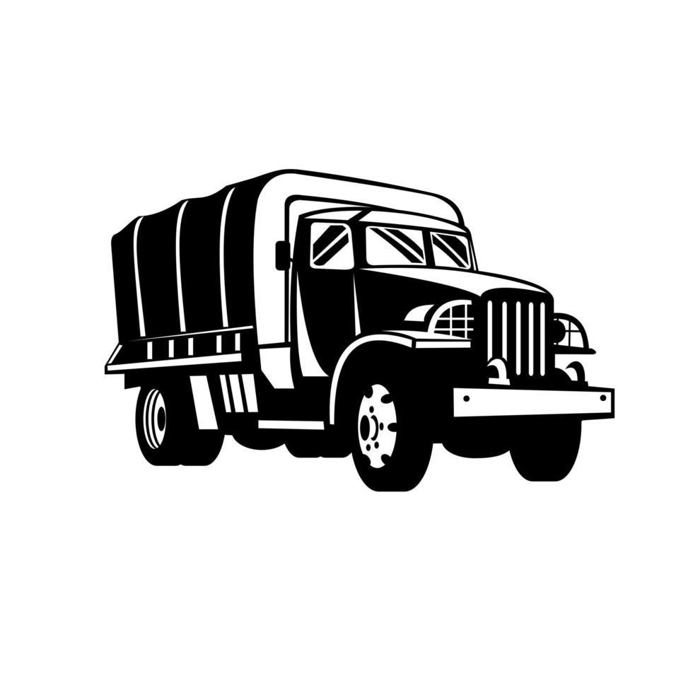 Military Truck Military Vehicle Personnel Transport Retro Woodcut Black and White vector