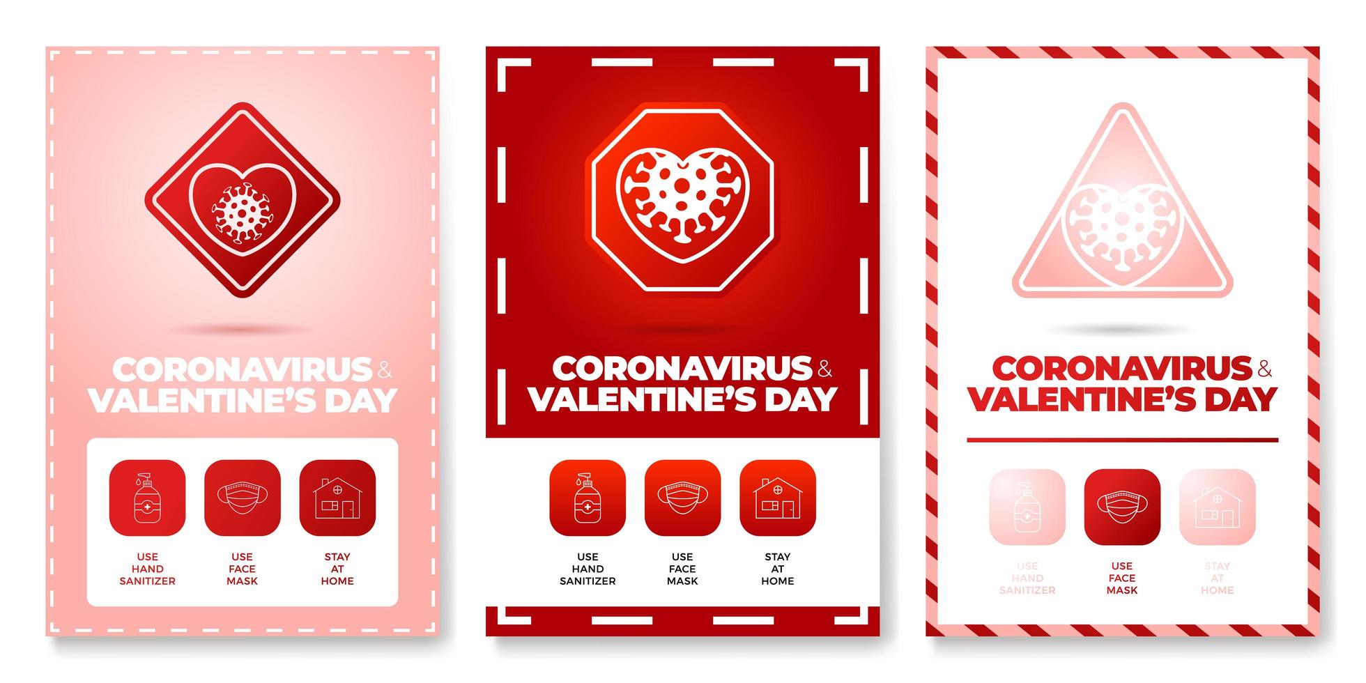 Valentine day coronavirus all in one icon poster set vector illustration. Coronavirus protection flyer with outline icon set and road warning sign. Stay at home, use face mask, use hand sanitizer