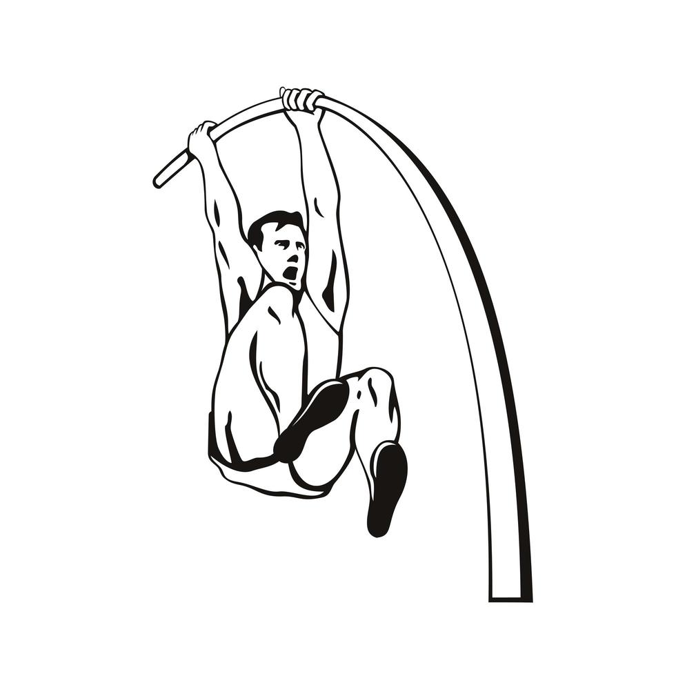 Pole Vaulter with Flexible Pole Jumping Over Bar Pole Vaulting Stencil Black and White Retro Style vector