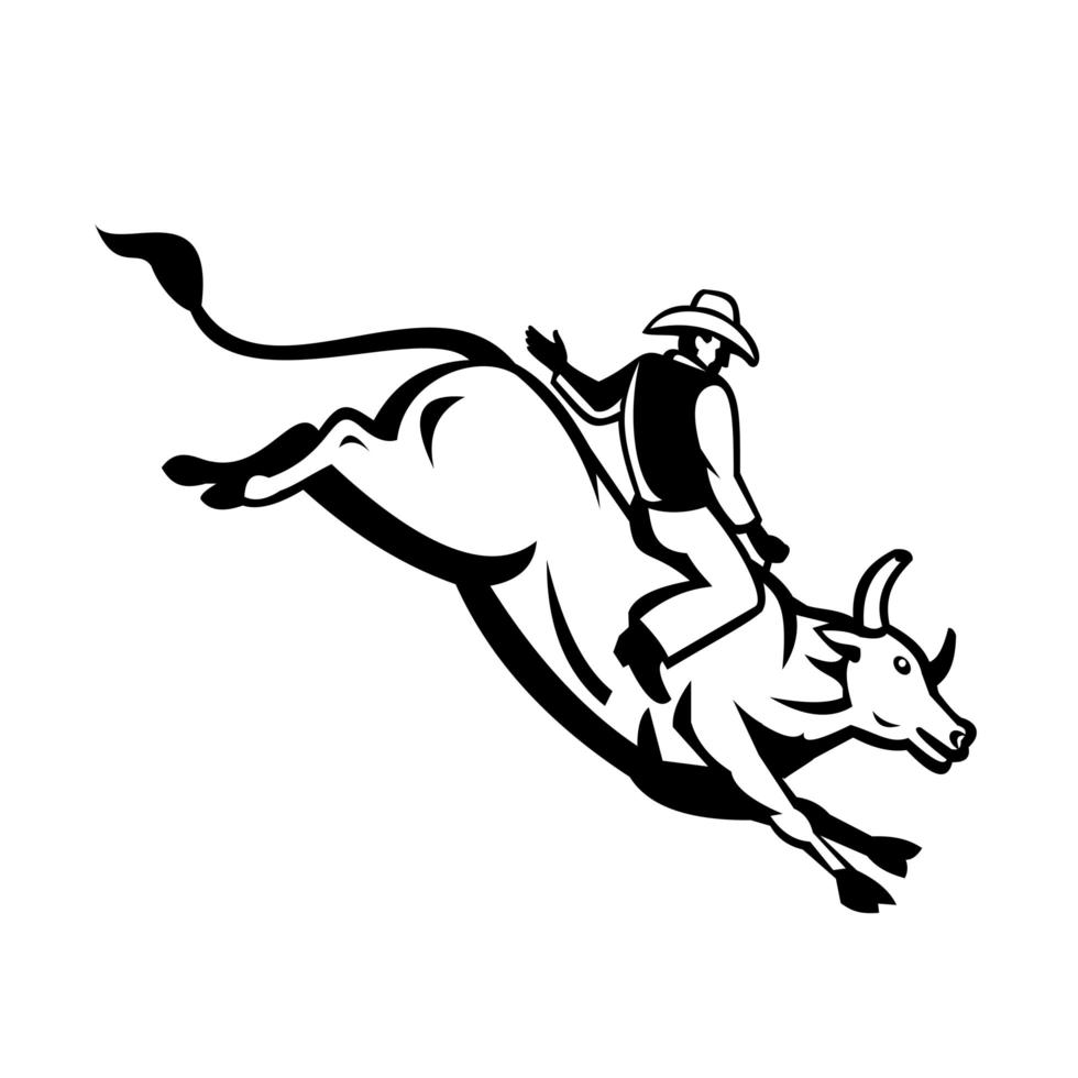 American Bull Rider Riding a Bucking Bull Retro Black and White vector