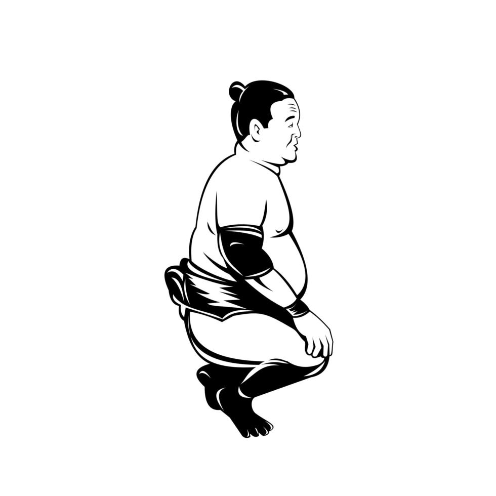 Sumo Wrestler or Rikishi Squatting Side View Retro Black and White vector