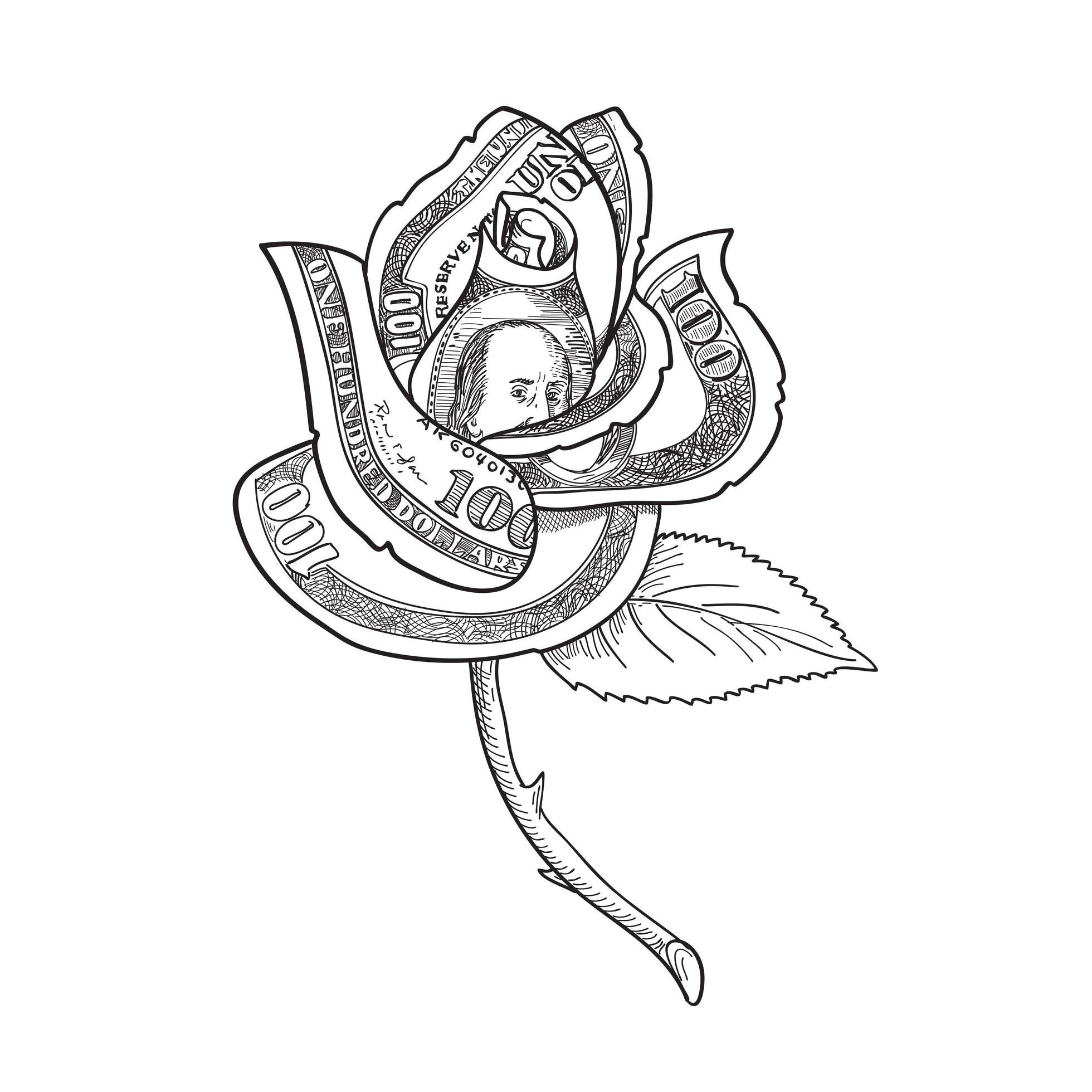 Rose Flower with Money or US One Hundred Dollar Note Bill Printed on